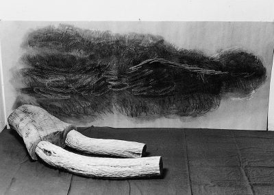 מצב, 1987, עבודת פינה, עץ ופחם על נייר