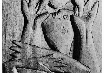 תפילה לשמש, 1957, תבליט עץ מהגוני